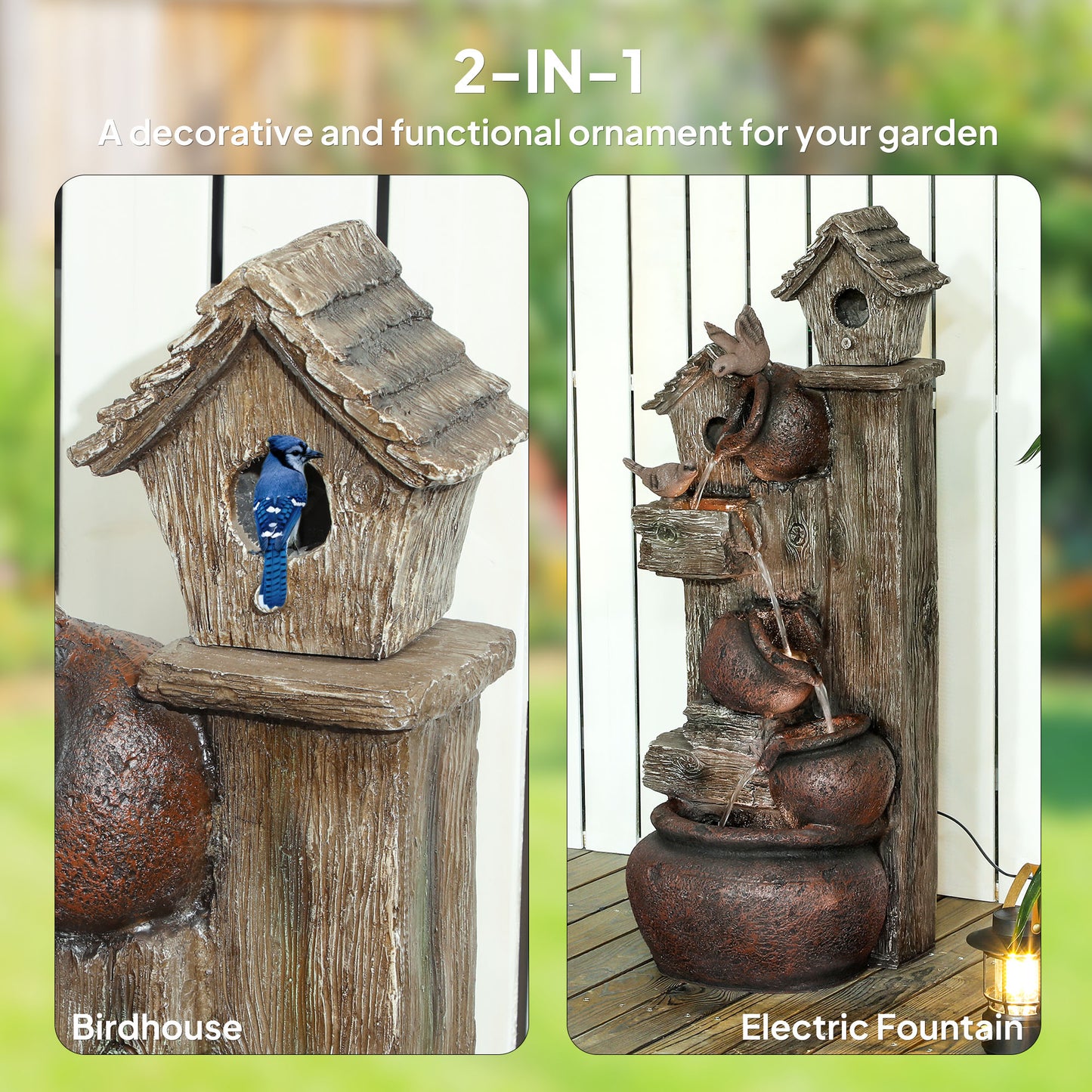 Outsunny 2-in-1 Waterfall Fountain with Birdhouse, Resin Garden Water Fountain with LED Lights Pump, Cascading Garden Water Feature with Tree Trunk Design, Multi-colour