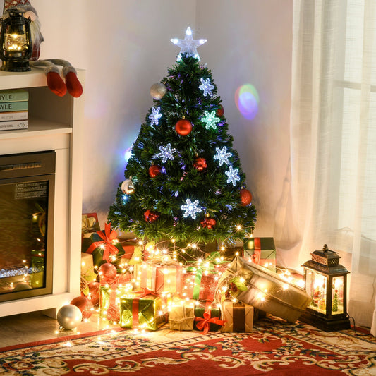 HOMCOM 3FT Green Fibre Optic Artificial Christmas Tree Xmas Colourful LED Scattered Tree with Snowflakes Ornaments Fireproofing