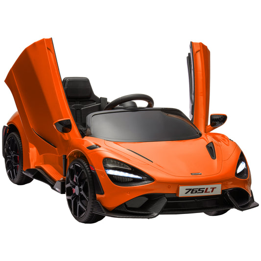 سيارة كهربائية للأطفال مرخصة من AIYAPLAY McLaren 765LT بقوة 12 فولت مع أبواب على شكل فراشة وعجلات نقل تعمل بالتحكم عن بعد باللون البرتقالي