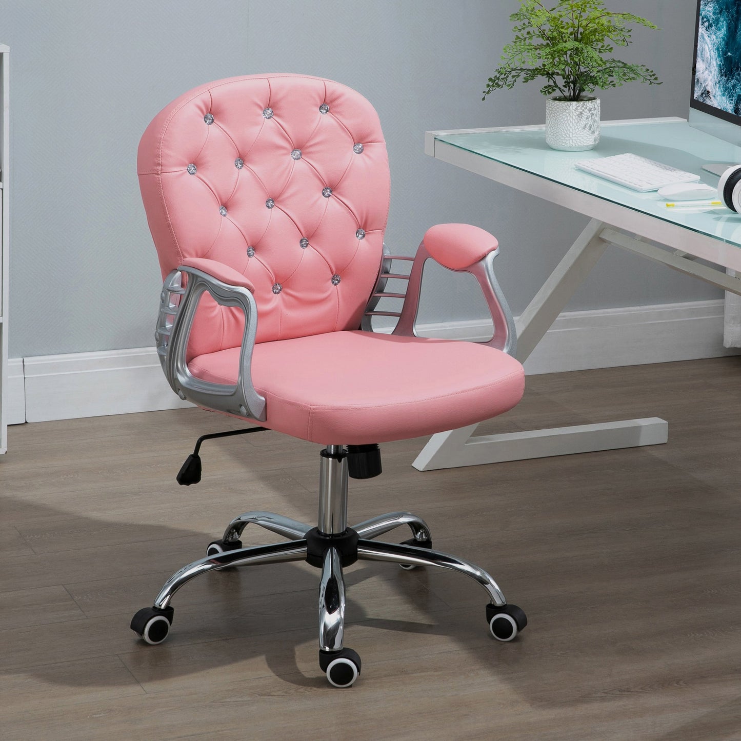 Vinsetto Office Chair Ergonomic 360  Swivel PU Diamante Padded Base 5 Castor Wheels for Home Work Pink