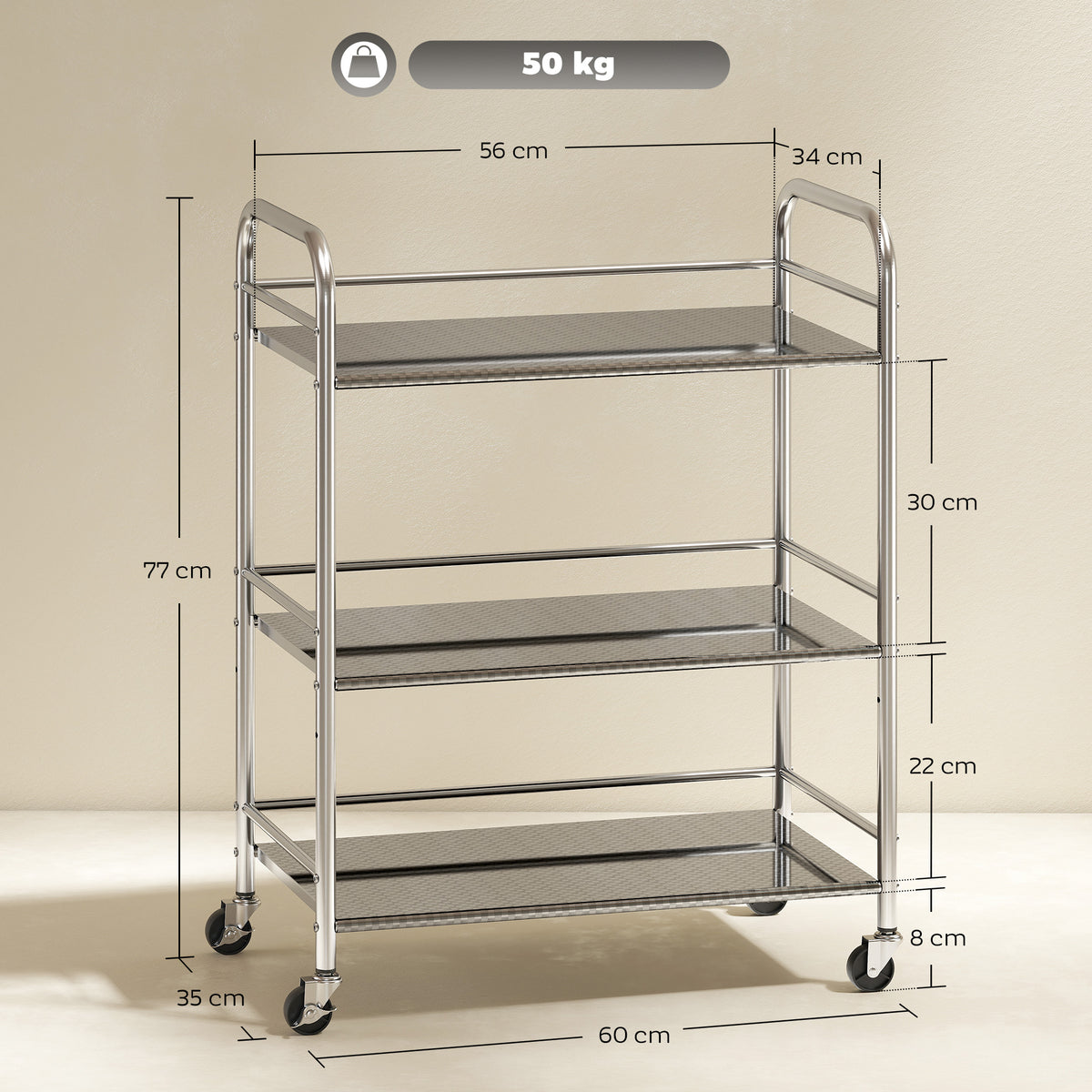 HOMCOM 3 Tier Stainless Steel Kitchen Storage Trolley with Adjustable Shelf - Silver