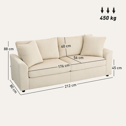 HOMCOM Modern 3 Seater Sofa with Spring Cushion, 212 cm Fabric Jumbo Cord Sofa Couch with 2 Scatter Cushions, Upholstered Corduroy Settee for Living Room, Bedroom, Home Office, Cream White