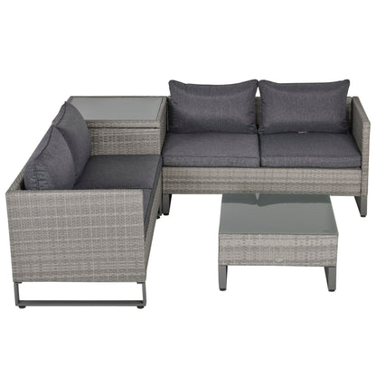 Outsunny 4-Seater PE Rattan Sofa Set Wicker Garden Furniture في الهواء الطلق أثاث الحديقة الشتوية طاولة القهوة مع صندوق تخزين جانبي ووسادة، رمادي