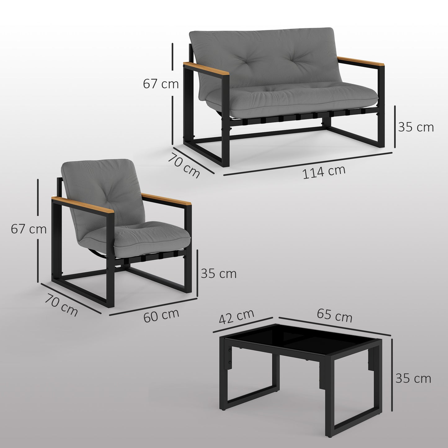 Zestaw mebli ogrodowych Outsunny, 4-częściowy zestaw do ogrodu zimowego z sofą dwuosobową, fotelami, szklanym stolikiem kawowym, poduszkami na balkon, przy basenie, na patio, jasnoszary