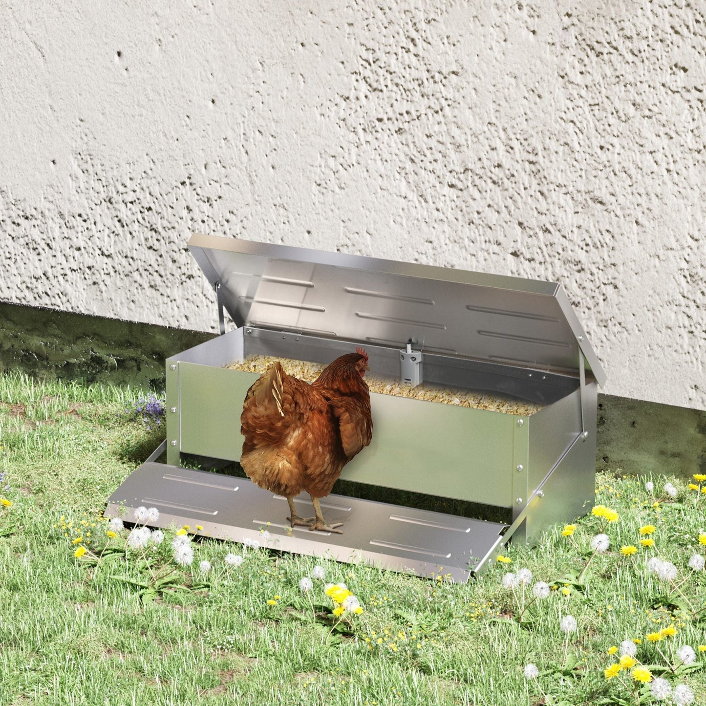 PawHut 10kg Automatic Chicken Feeder, Poultry Feeder with Self Opening Treadle, Lid, Silver