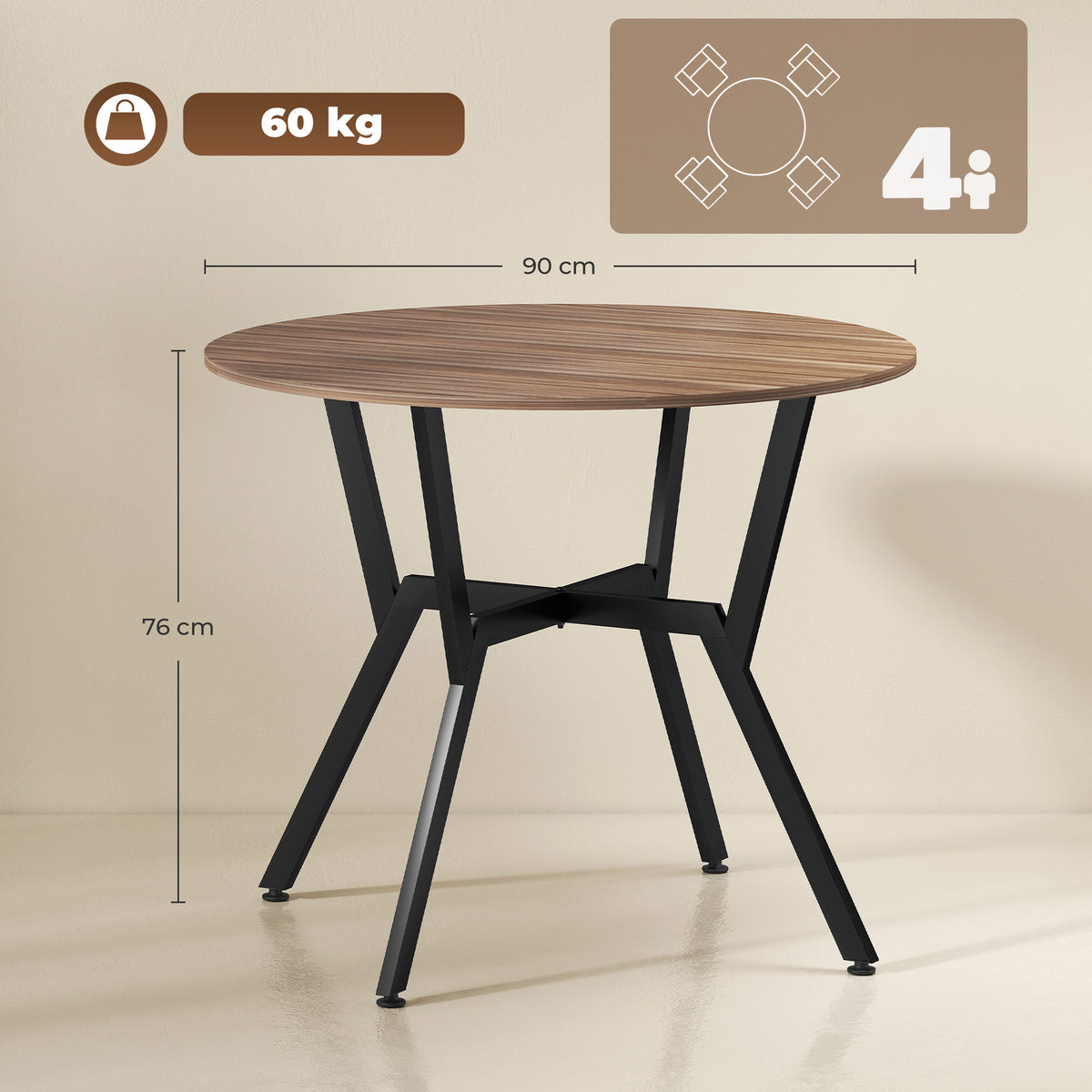 HOMCOM Dining Table, Round Kitchen Table with Black Legs, Anti-slip Foot Pads for Living Room, Dining Room 90 x 76 cm, Brown