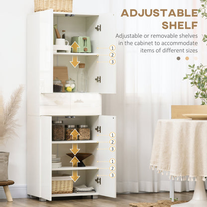 HOMCOM 4-Door Kitchen Cupboard, Tall Freestanding 5-Tier Storage Cabinet with 3 Adjustable Shelves, 2 Drawers for Living Room, Dining Room, Push to Open Design, High Gloss White