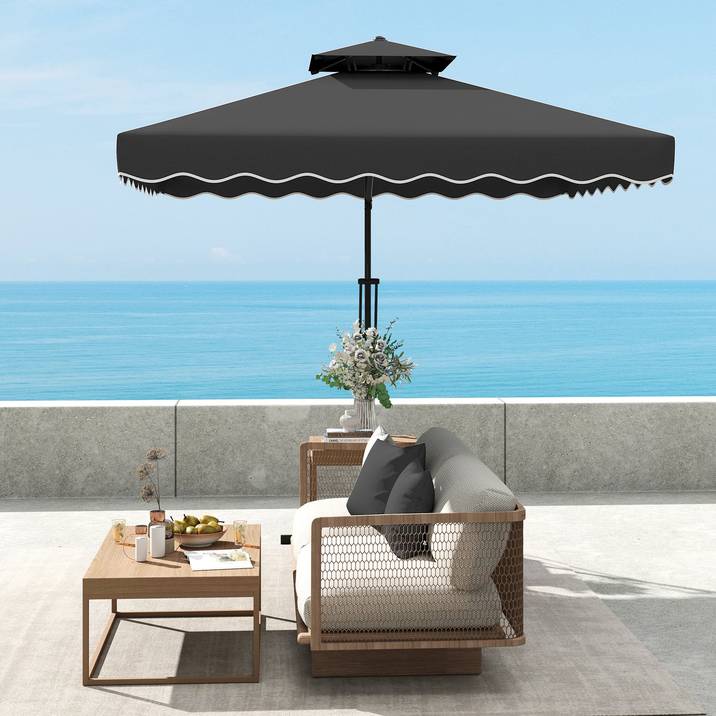 Outsunny 2,5 m parasol wspornikowy z łatwą dźwignią, kwadratowy podwójny parasol ogrodowy z falbankami i poprzeczną podstawą, zwisające zewnętrzne osłony przeciwsłoneczne, czarny