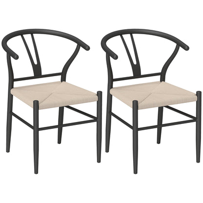 HOMCOM Set of Two Weave Dining Chairs with Y-Shaped Backrest Hemp Seat - Black/Beige