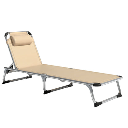 Outsunny Foldable Outdoor Sun Lounger, Reclining Lounge Chair Camping Bed Cot with Pillow 4-Level Adjustable Back Aluminium Frame, Khaki