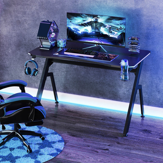Biurko gamingowe HOMCOM RGB 120 x 66 cm, stolik komputerowy z powierzchnią z włókna węglowego, wieszak na słuchawki, uchwyt na kubek, stojak na kontroler, biurko do biura domowego, czarne