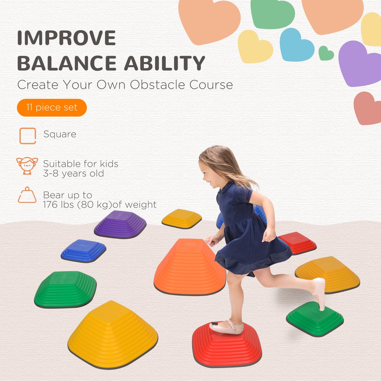 AIYAPLAY Balance Stepping Stones for Kids, 11PCs Non-Slip Stackable River Stones, Obstacle Courses for Balance & Motor Skills