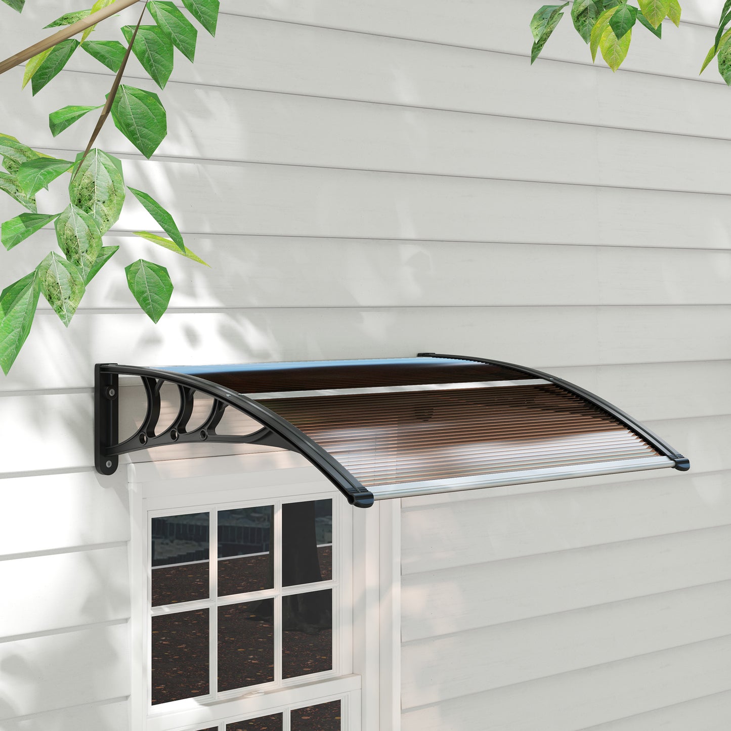 Markiza zewnętrzna Outsunny na drzwi wejściowe, aluminiowa, sztywna, z poliwęglanu, chroniąca przed deszczem, odporna na promienie UV, 100 x 75 cm, brązowa