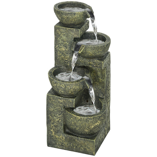 Outsunny Garden Water Feature Waterfall Fountain with 4-Tier Stone Look Bowls, Adjustable Flow