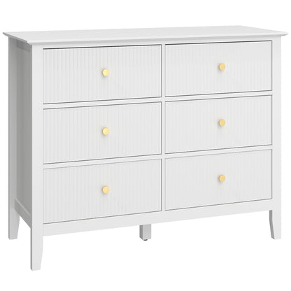 HOMCOM Fluted Dresser, 6 Drawer Chest of Drawers for Bedroom, Living Room, Hallway, Closet, White