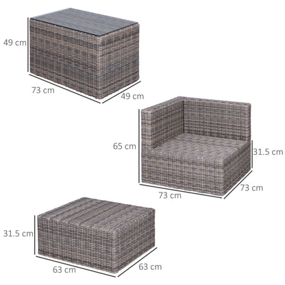 Zestaw mebli ogrodowych Outsunny 5 elementów z rattanu z poduszkami o grubości 10 cm, aluminiowa rama, wiklinowy zestaw wypoczynkowy na balkon z narożnymi fotelami, pufami i szklanym blatem, mieszany brąz