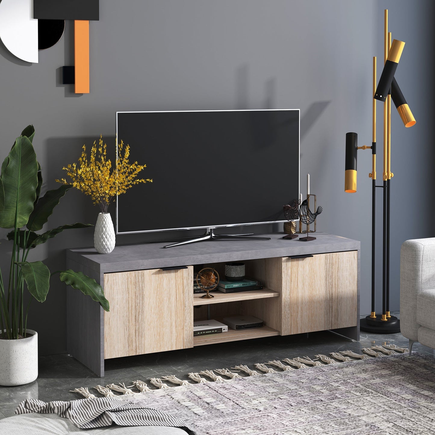 Wooden TV Unit 1.2M TV Stand Cabinet Home Media Centre DVD CD Storage Unit Entertainment Station Living Room Furniture-Grey