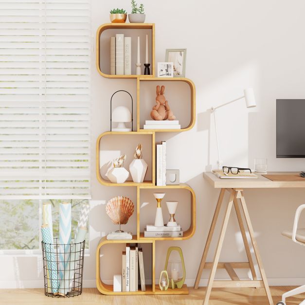 2/3/4/5-Tier Set of 2 S-Shaped Bookcase Bamboo Bookshelf with Open Cubes-5-Tier