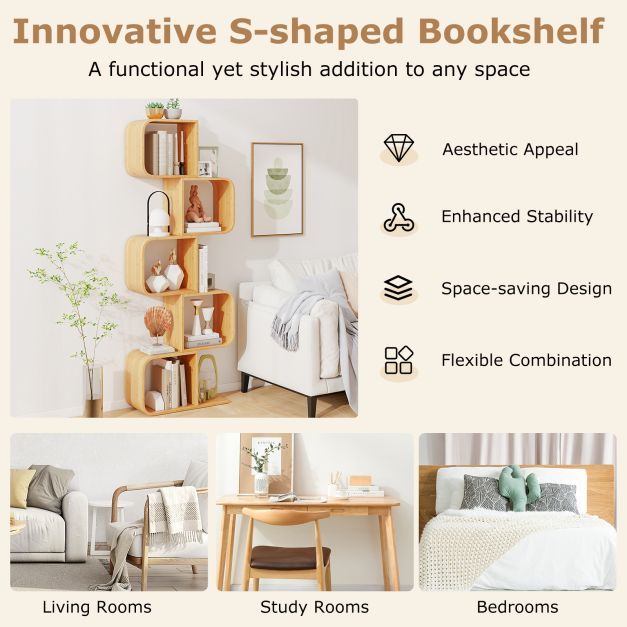 2/3/4/5-Tier Set of 2 S-Shaped Bookcase Bamboo Bookshelf with Open Cubes-5-Tier