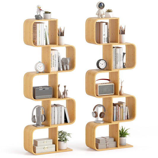 5-Tier Set of 2 S-Shaped Bookcase Bamboo Bookshelf
