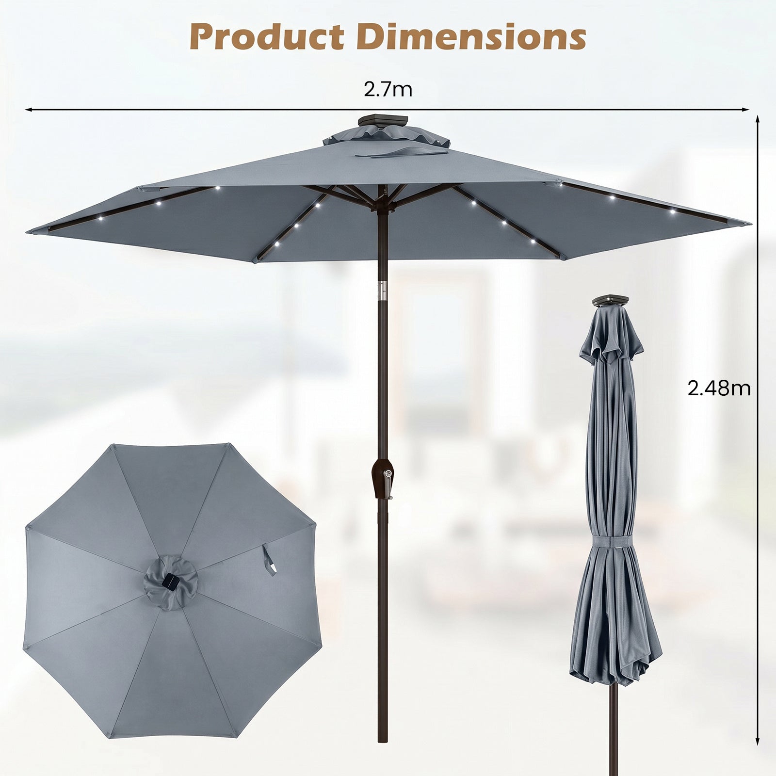 2.7m Garden Parasol with Tilt and Crank Handle-Grey