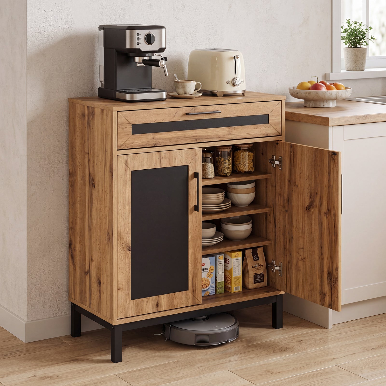 2-Door Sideboard Cabinet with Drawer and 3 Removable Shelves for Dining Room-Natural