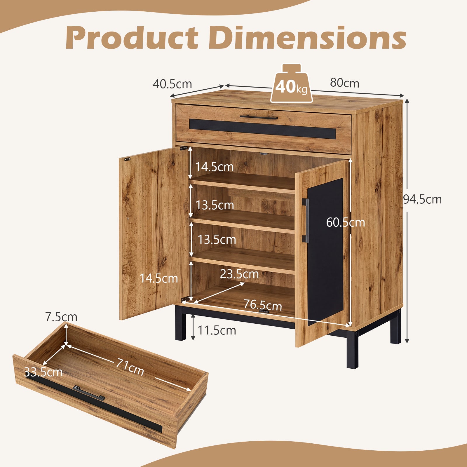 2-Door Sideboard Cabinet with Drawer and 3 Removable Shelves for Dining Room-Natural