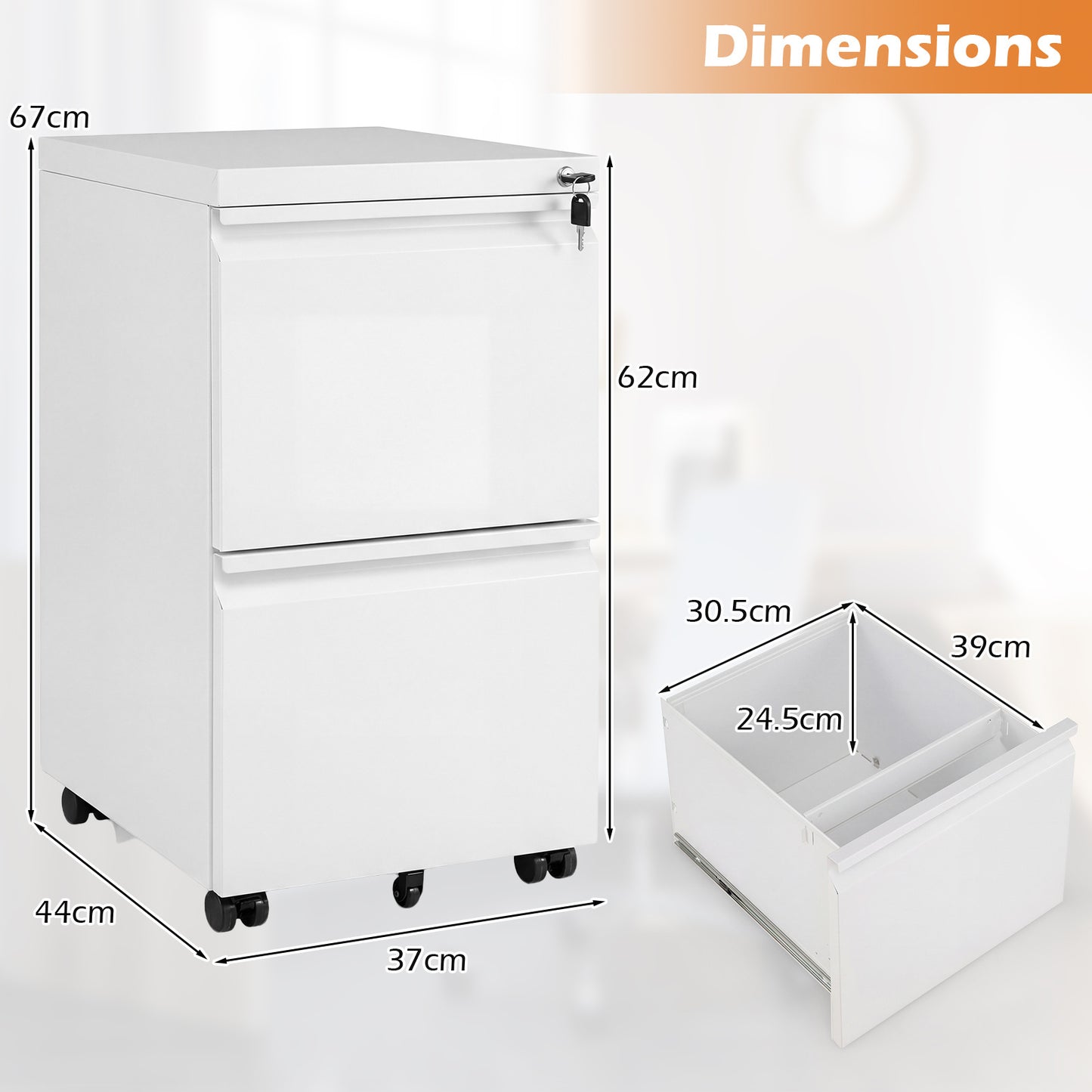 2-Drawer Mobile File Cabinet with 5 Casters and 2 Keys for A4-White
