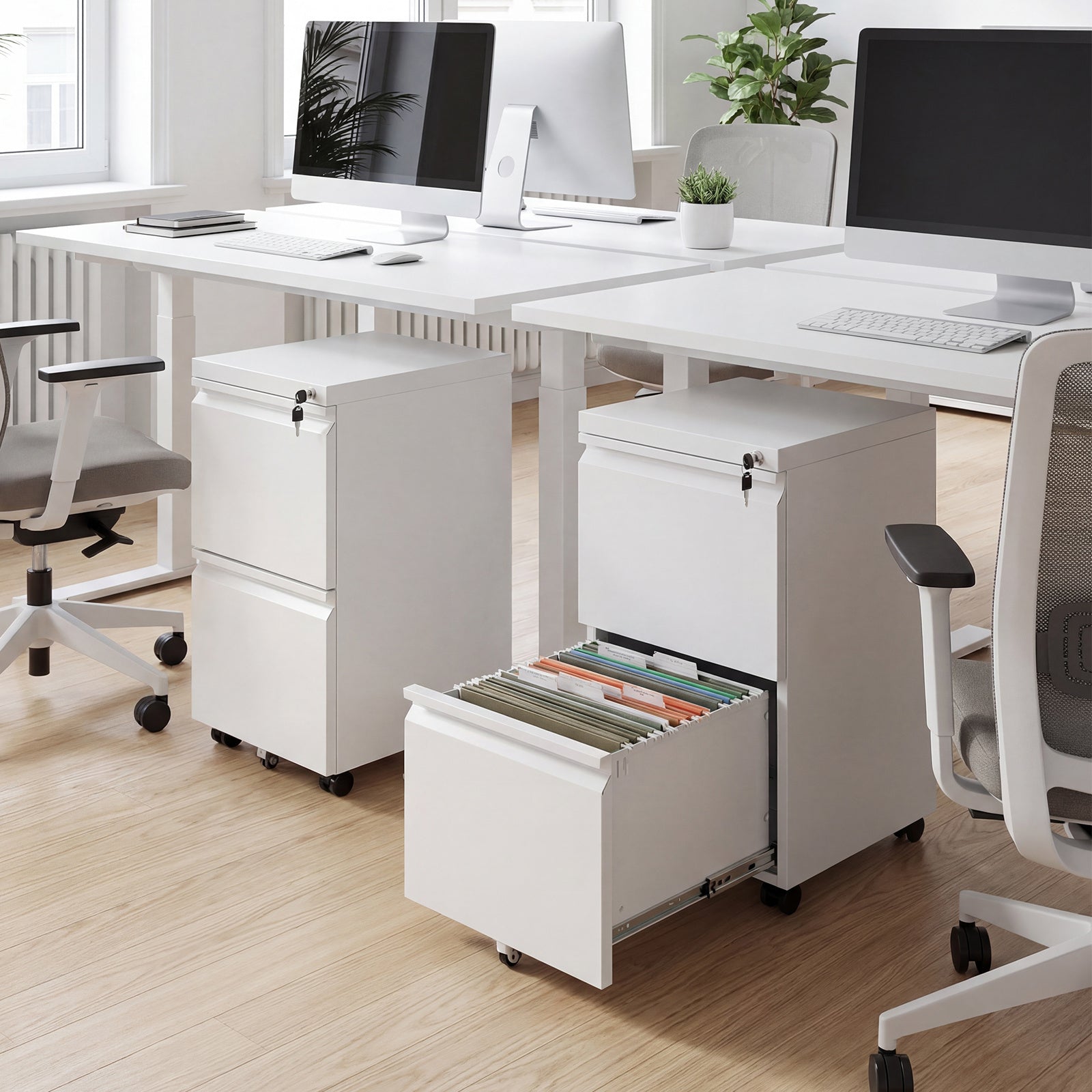2-Drawer Mobile File Cabinet with 5 Casters and 2 Keys for A4-White