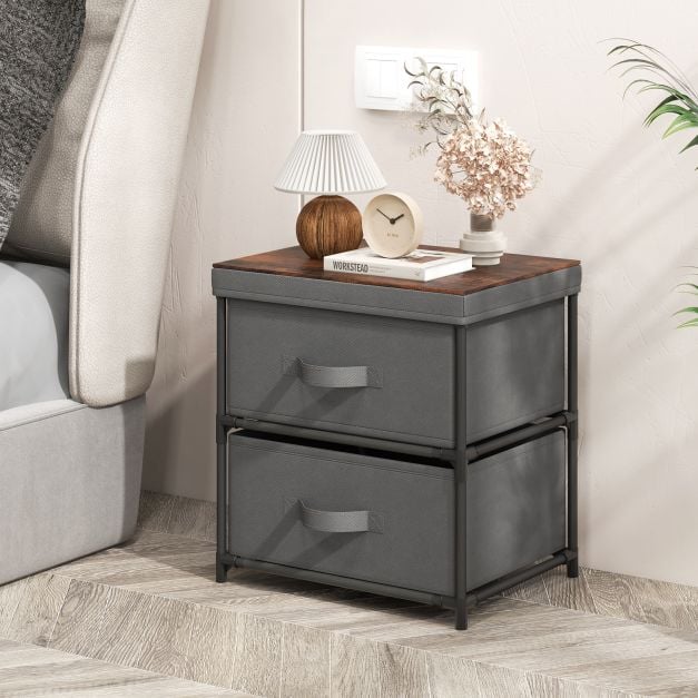 2-Drawer Nightstand with Removable Fabric Bins and Pull Handles-Gray