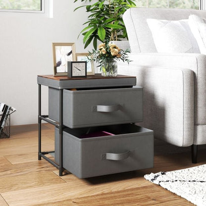 2-Drawer Nightstand with Removable Fabric Bins and Pull Handles-Gray
