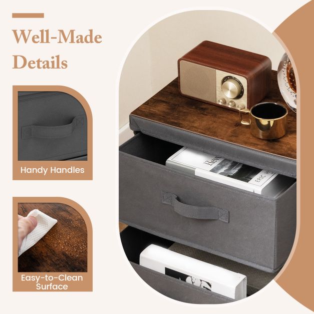 2-Drawer Nightstand with Removable Fabric Bins and Pull Handles-Gray