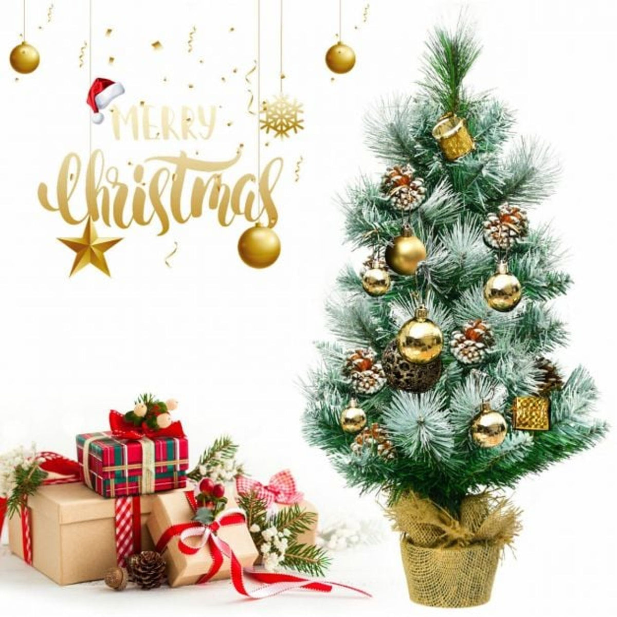 2 Feet Snow Flocked Pine Artificial Christmas Tree with Pine Cones Set of 2