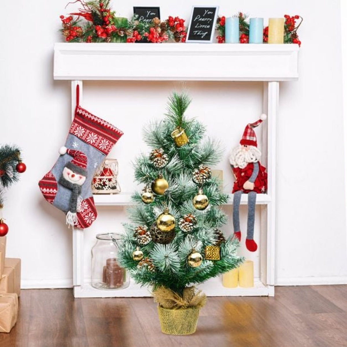 2 Feet Snow Flocked Pine Artificial Christmas Tree with Pine Cones Set of 2