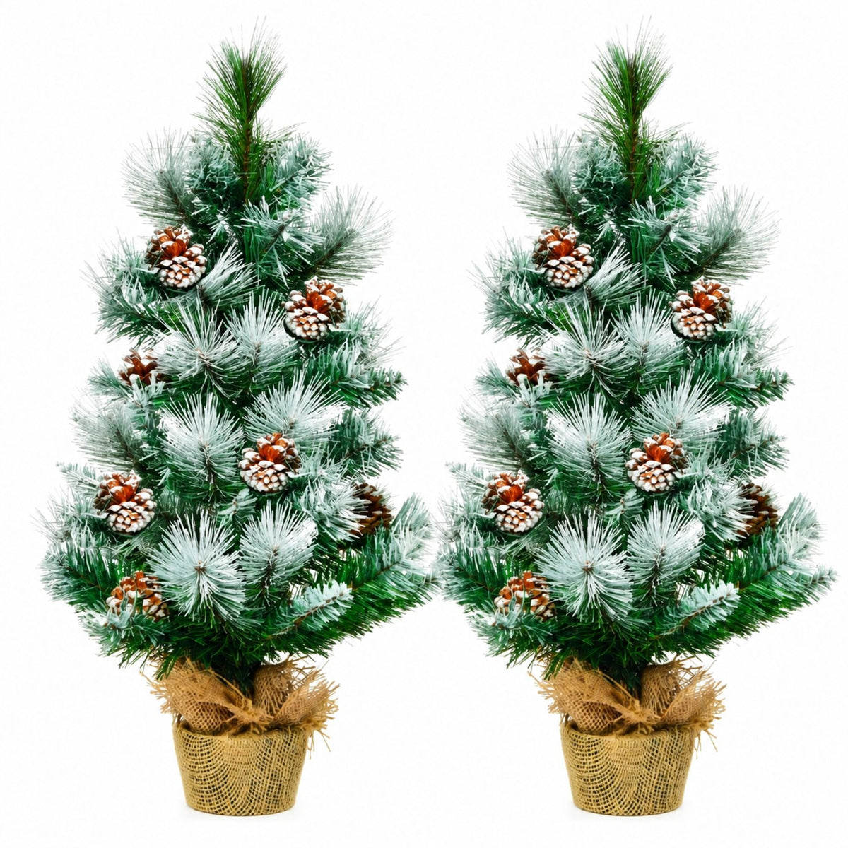 2 Feet Snow Flocked Pine Artificial Christmas Tree with Pine Cones Set of 2