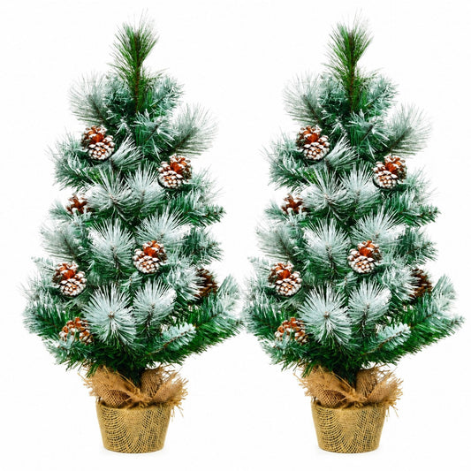 2 Feet Snow Flocked Pine Artificial Christmas Tree with Pine Cones Set of 2