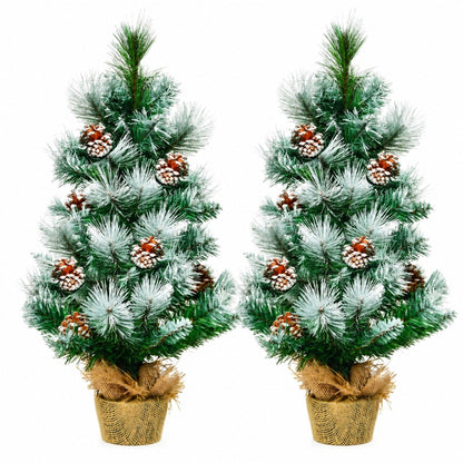 2 Feet Snow Flocked Pine Artificial Christmas Tree with Pine Cones Set of 2
