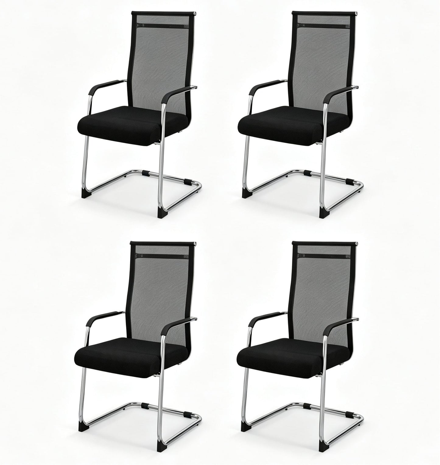 Set of 4 Office Guest Chairs with Metal Sled Base and Armrests-Black