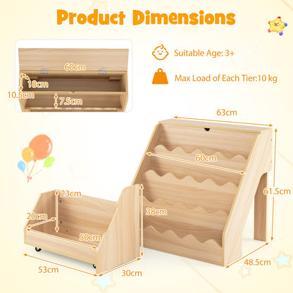 2-In-1 Kids' Bookshelf and Toy Storage Organizer with Rolling Drawer Cart and 4 Tier Book Shelf-Natrual