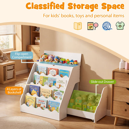 2-In-1 Kids' Bookshelf and Toy Storage Organizer with Rolling Drawer Cart and 4 Tier Book Shelf-White