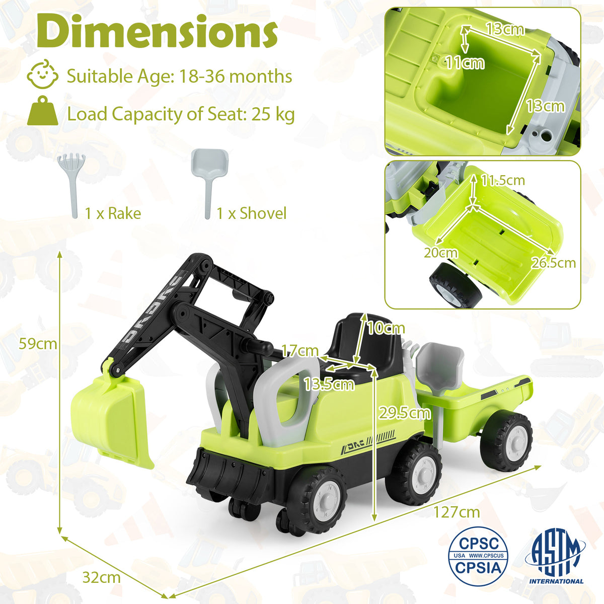 2-In-1 Ride on Push Car with Detachable Trailer and Rake Shovel for Ages 1.5-3-Green