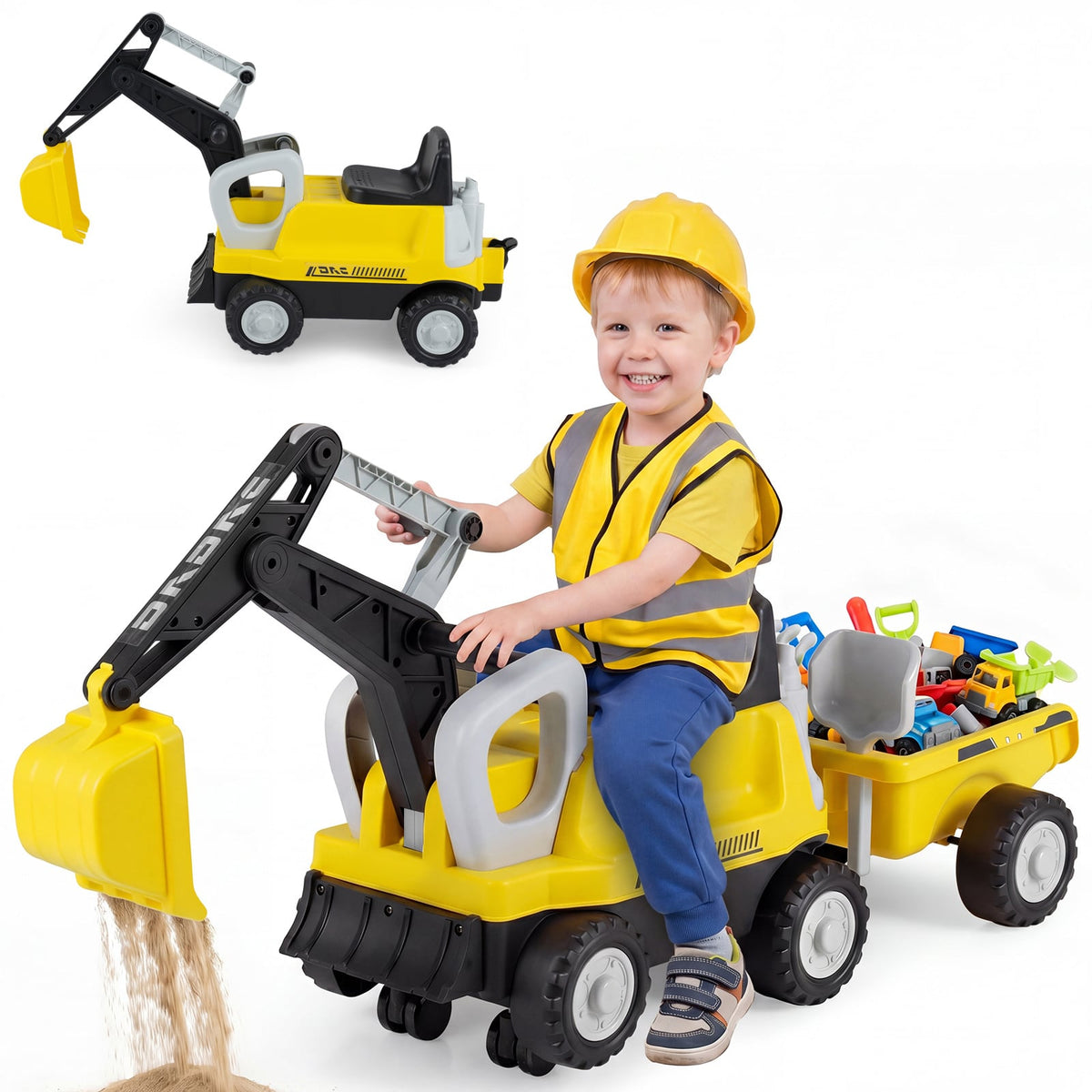 2-In-1 Ride on Push Car with Detachable Trailer and Rake Shovel for Ages 1.5-3-Yellow