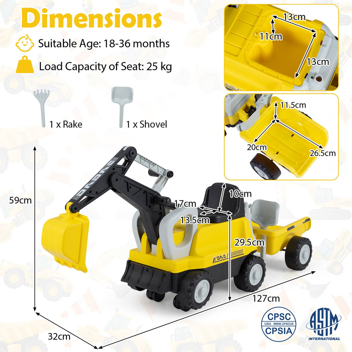 2-In-1 Ride on Push Car with Detachable Trailer and Rake Shovel for Ages 1.5-3-Yellow