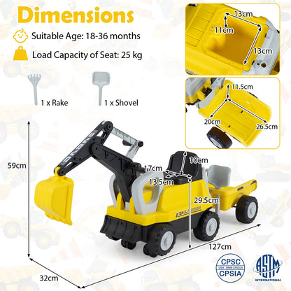 2-In-1 Ride on Push Car with Detachable Trailer and Rake Shovel for Ages 1.5-3-Yellow