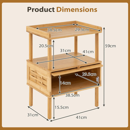 Bamboo Rattan Nightstand with Raised Edge Flip-Up Door and Open Shelf-Natrual