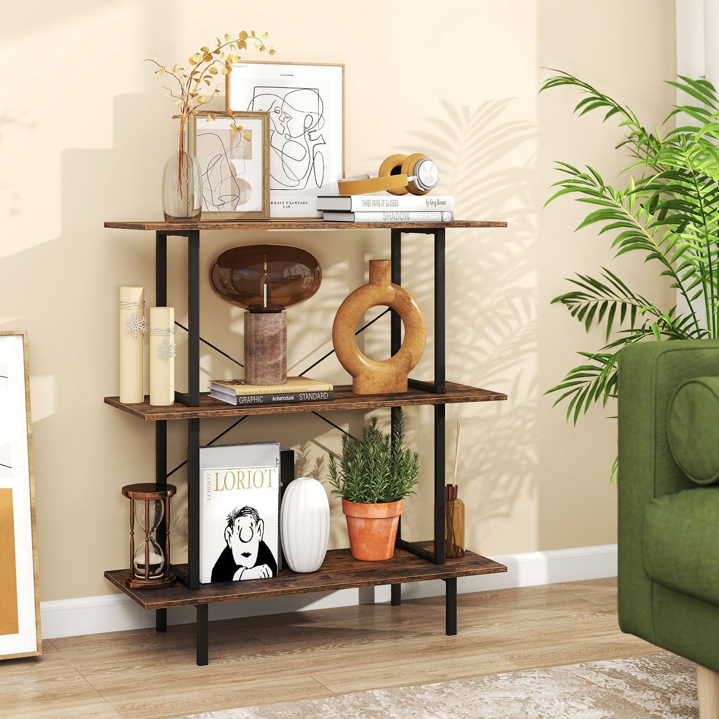 2-Pack 3-Tier Industrial Bookshelf with Open Shelves for Living Room Study-Rustic Brown