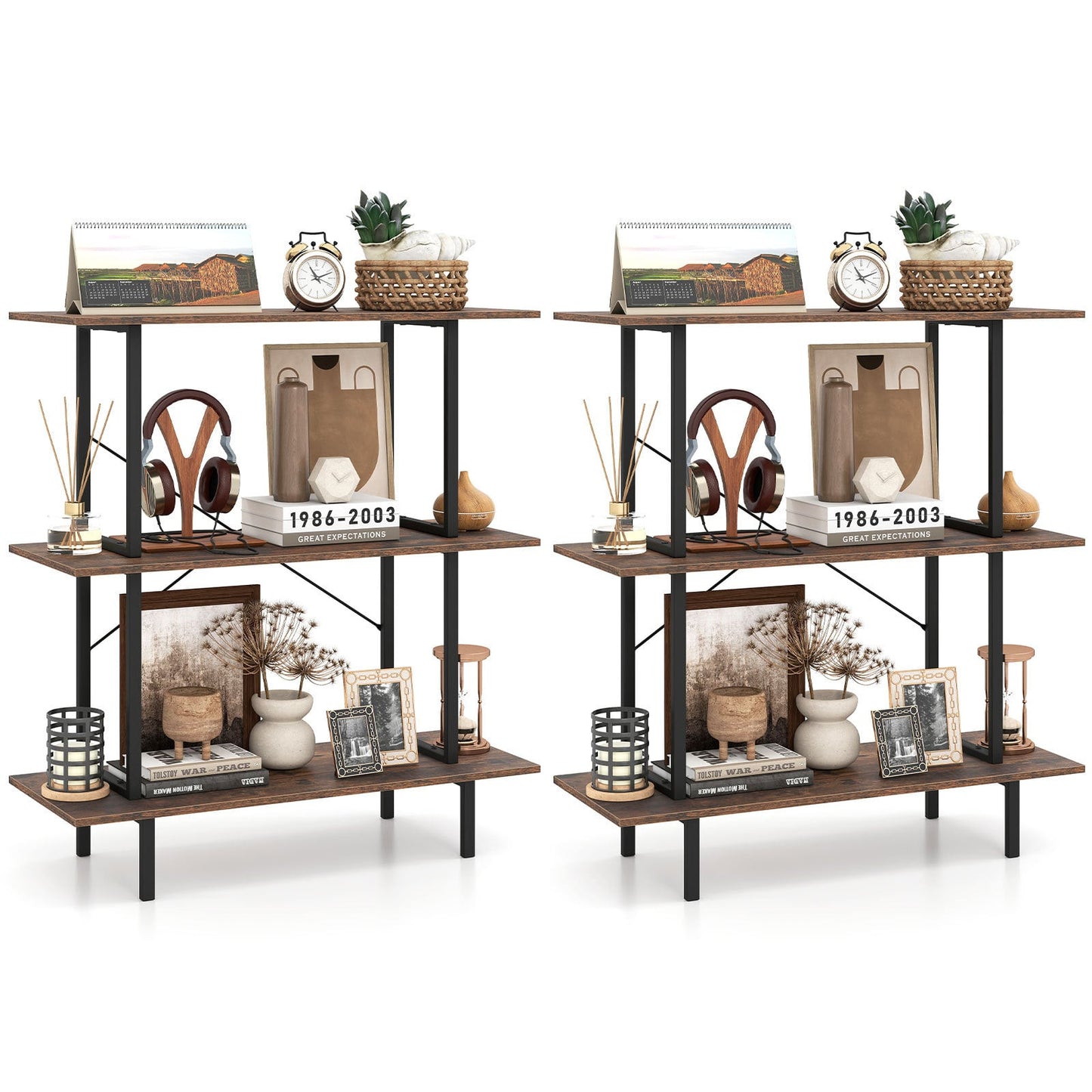 2-Pack 3-Tier Industrial Bookshelf with Open Shelves for Living Room Study-Rustic Brown