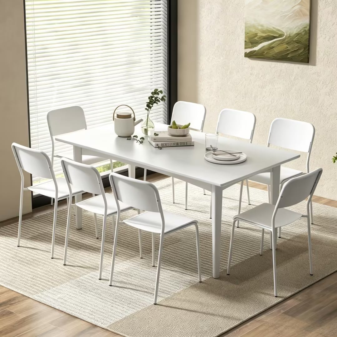 Modern Dining Chairs Set of 8 with Tilted Backrest and Sturdy Metal Legs-White