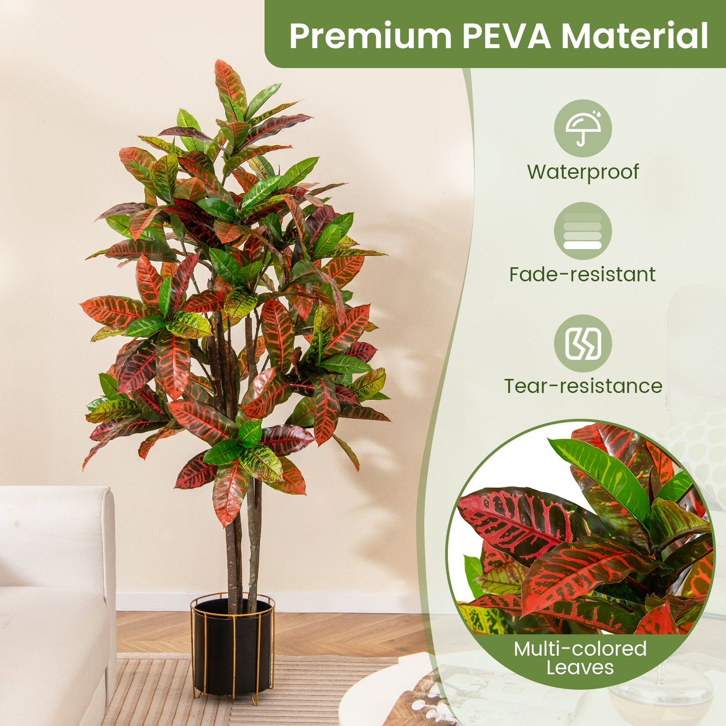 2 Pack 150cm Artificial Croton Plant with Multi-colored PEVA Leaves