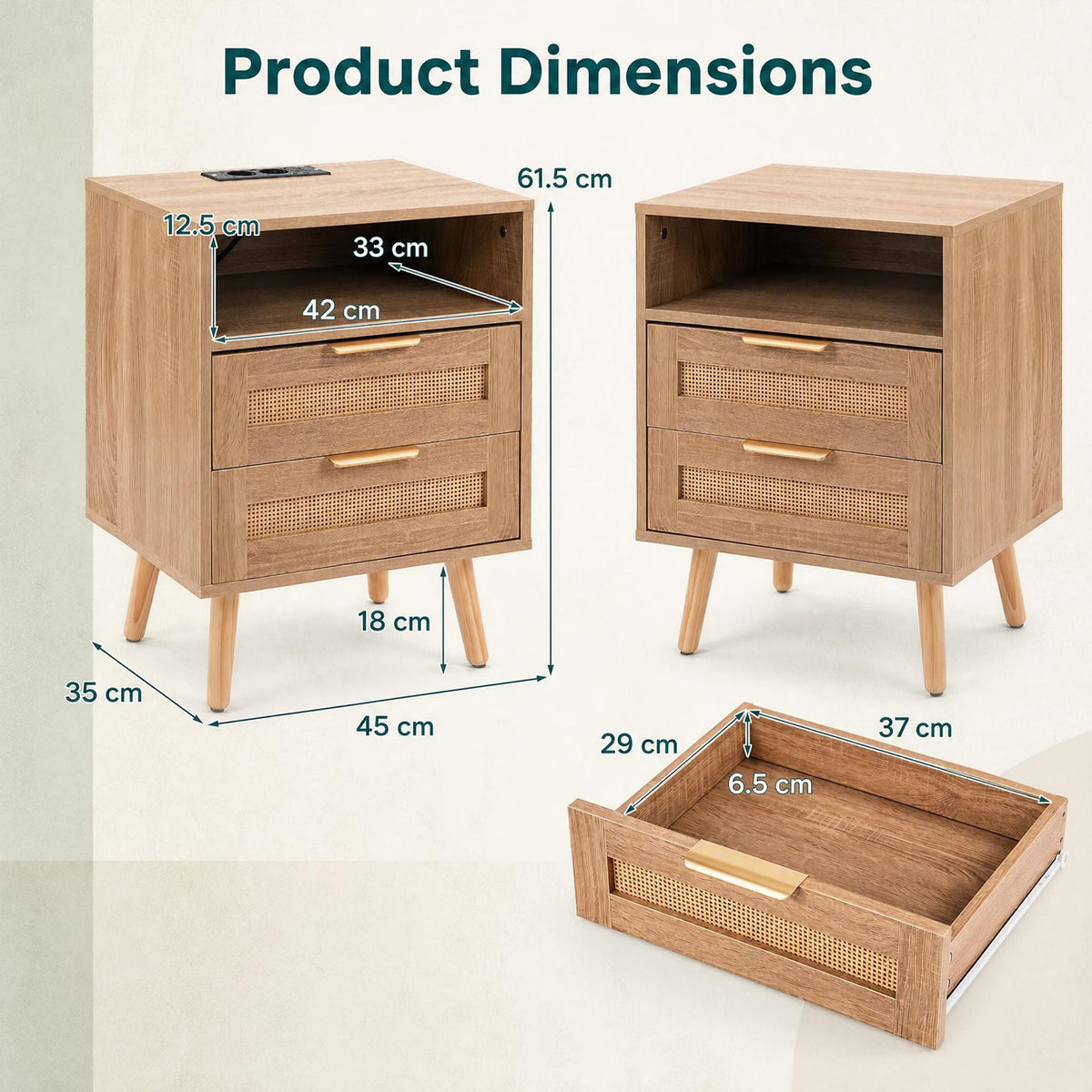 2 Pack LED Lights Rattan Bedside Table with Charging Station 2 Drawers